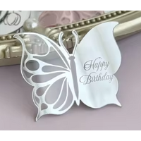 Happy Birthday Butterfly Acrylic Topper Disc - Silver 6cm