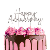 Cake Topper Happy Anniversary Silver Metal