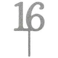 Number 16 Cupcake Toppers - Silver Glitter - 8 Pcs