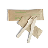 Wooden Cutlery wrapped set with Knife Fork and Napkin 