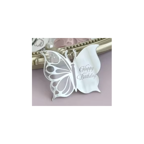 Happy Birthday Butterfly Acrylic Topper Disc - Silver 6cm