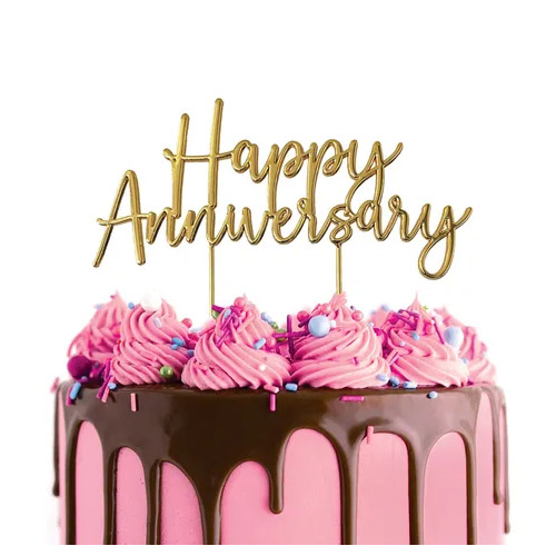 Cake Topper Happy Anniversary Gold Metal
