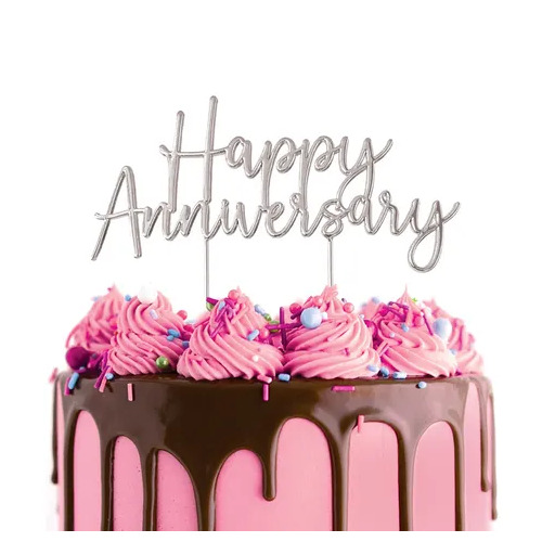 Cake Topper Happy Anniversary Silver Metal