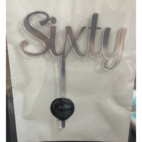 Cursive Sixty Cake Topper in Silver Acrylic
