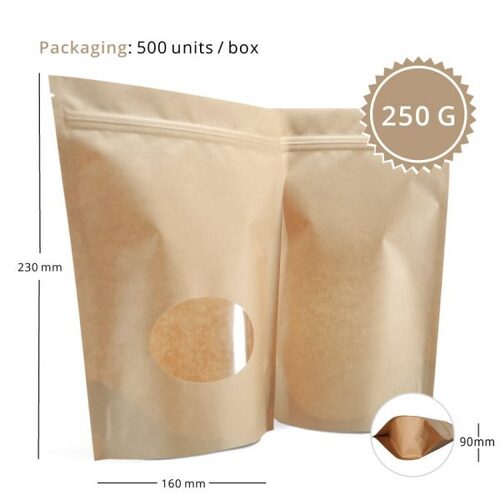 250g Stand Up Pouches With Zip And Oval Window, Natural Kraft -50 SL 