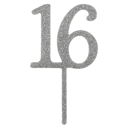 Number 16 Cupcake Toppers - Silver Glitter - 8 Pcs