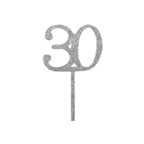 Number 30 Cupcake Toppers - Silver Glitter - 8 Pcs