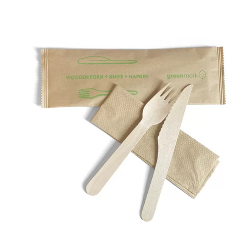 Wooden Cutlery wrapped set with Knife Fork and Napkin 